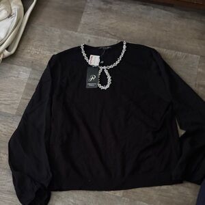 Adrianna Papell Black Blouse with Beaded Neckline